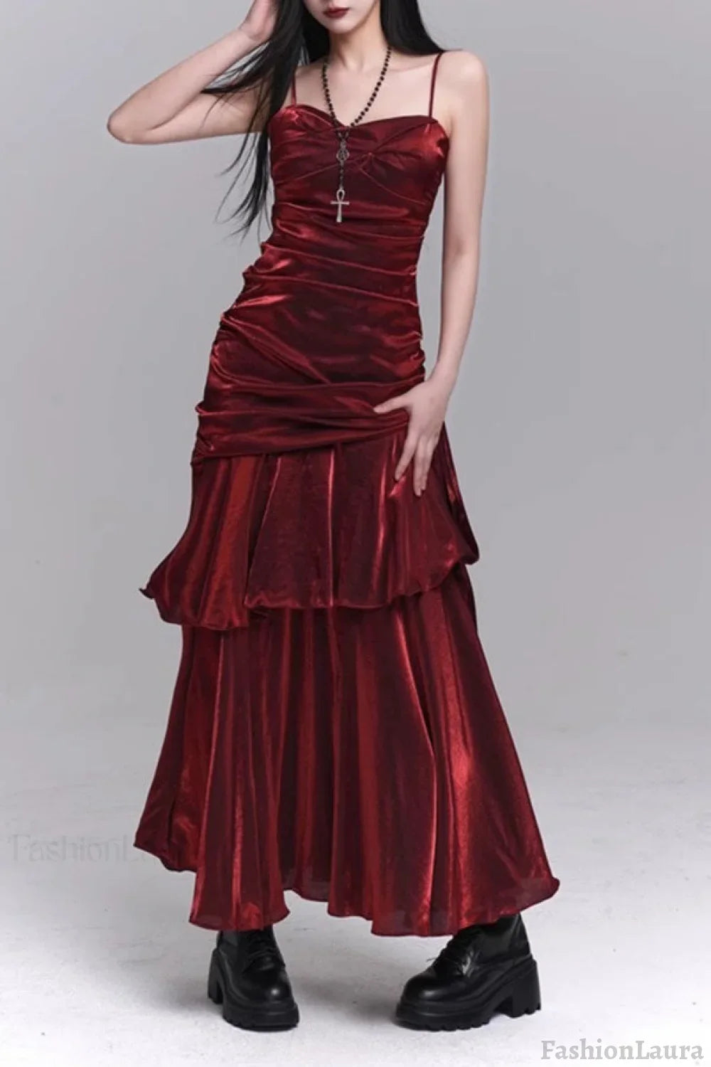 Asymmetrical Burgundy Ruffled Cami Party Dress S / Red