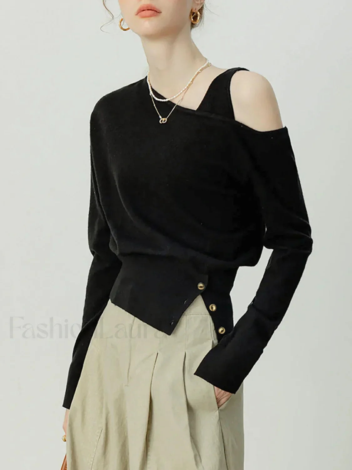 Asymmetrical Cold Shoulder Sweater Co ords Black / XS Knit Tops