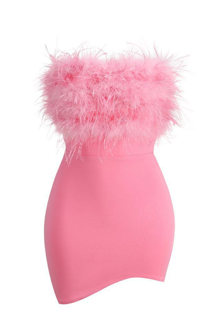Asymmetrical Faux Feather Trim Cutout Back Strapless Party Mini Dress - Rose 4