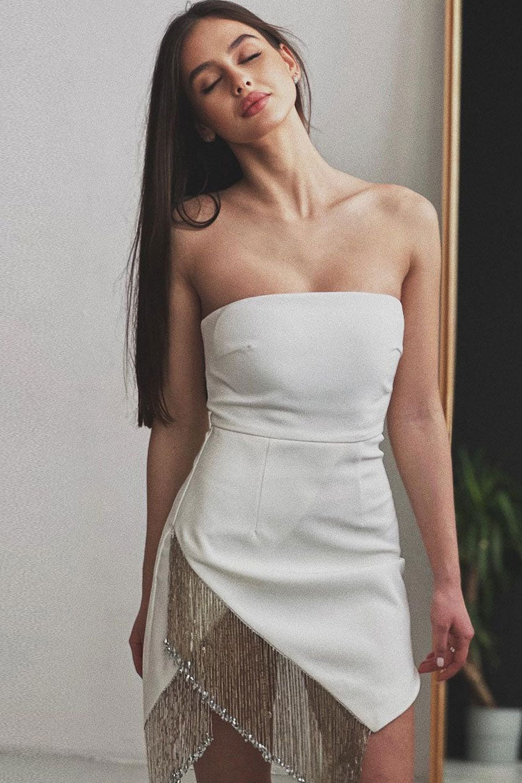 Fringe Trim Strapless Bandage Bodycon Mini Dress