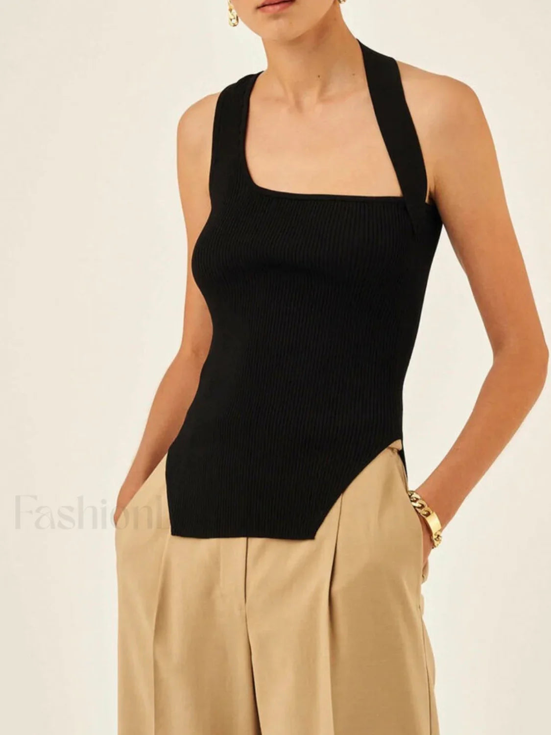 Asymmetrical Halter Rib Vest Black / XS Sweater Vests