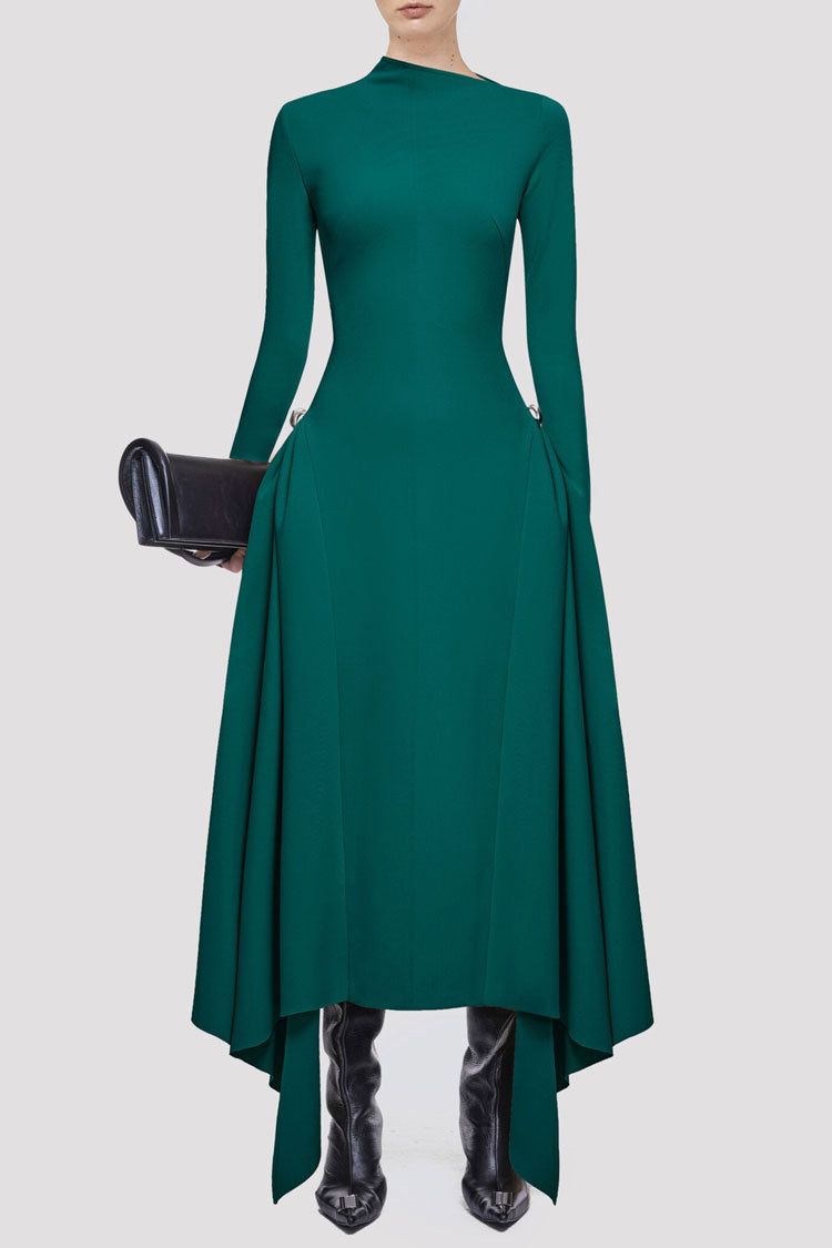 Asymmetrical High Neck Long Sleeve Metallic Draped Evening Maxi Dress