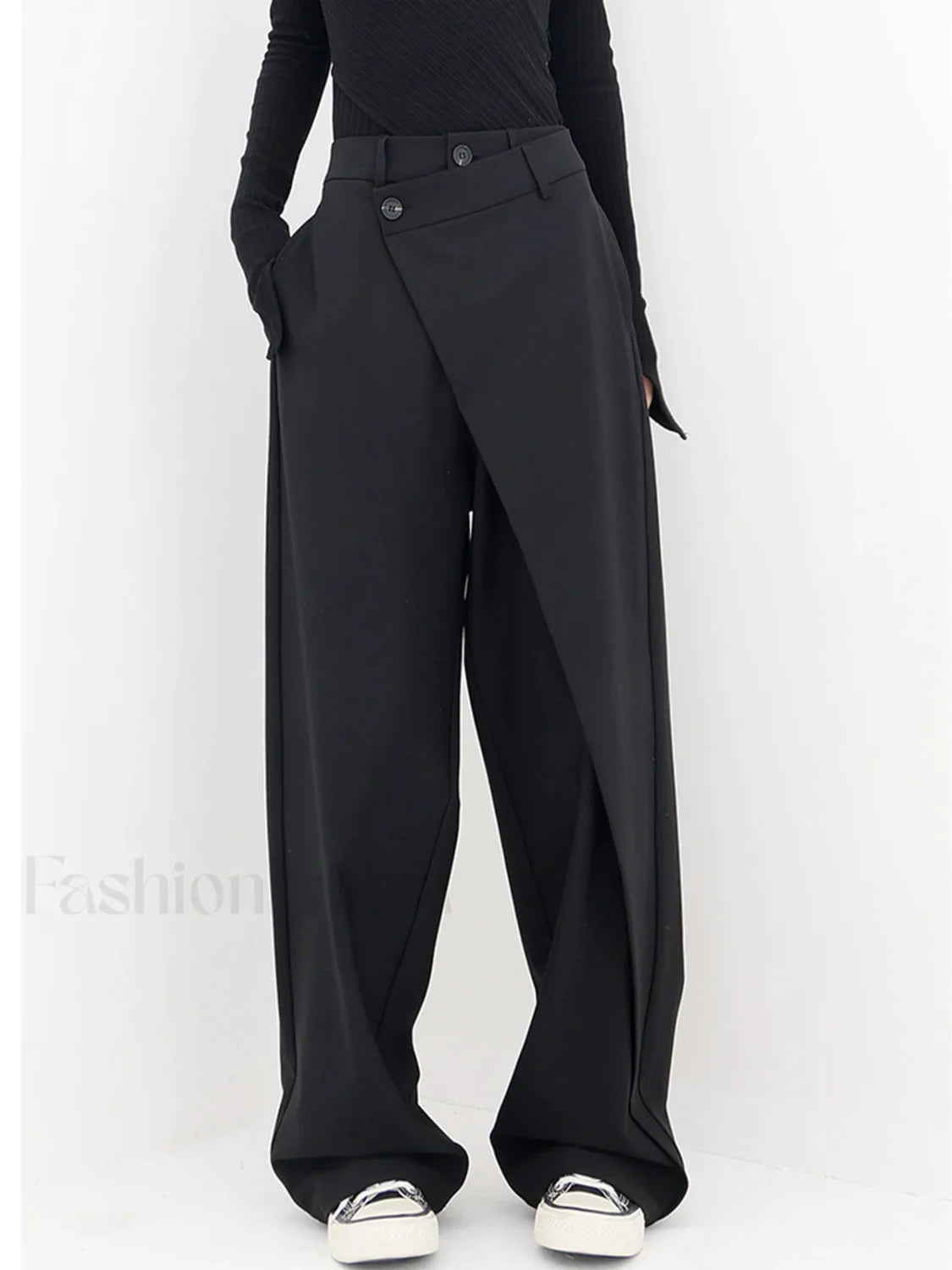 Asymmetrical Layer Button Trendy Wide Leg Dress Pants