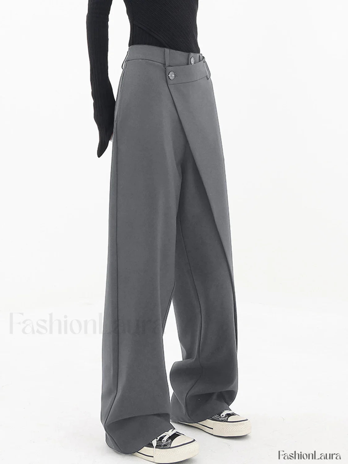 Asymmetrical Layer Button Trendy Wide Leg Dress Pants