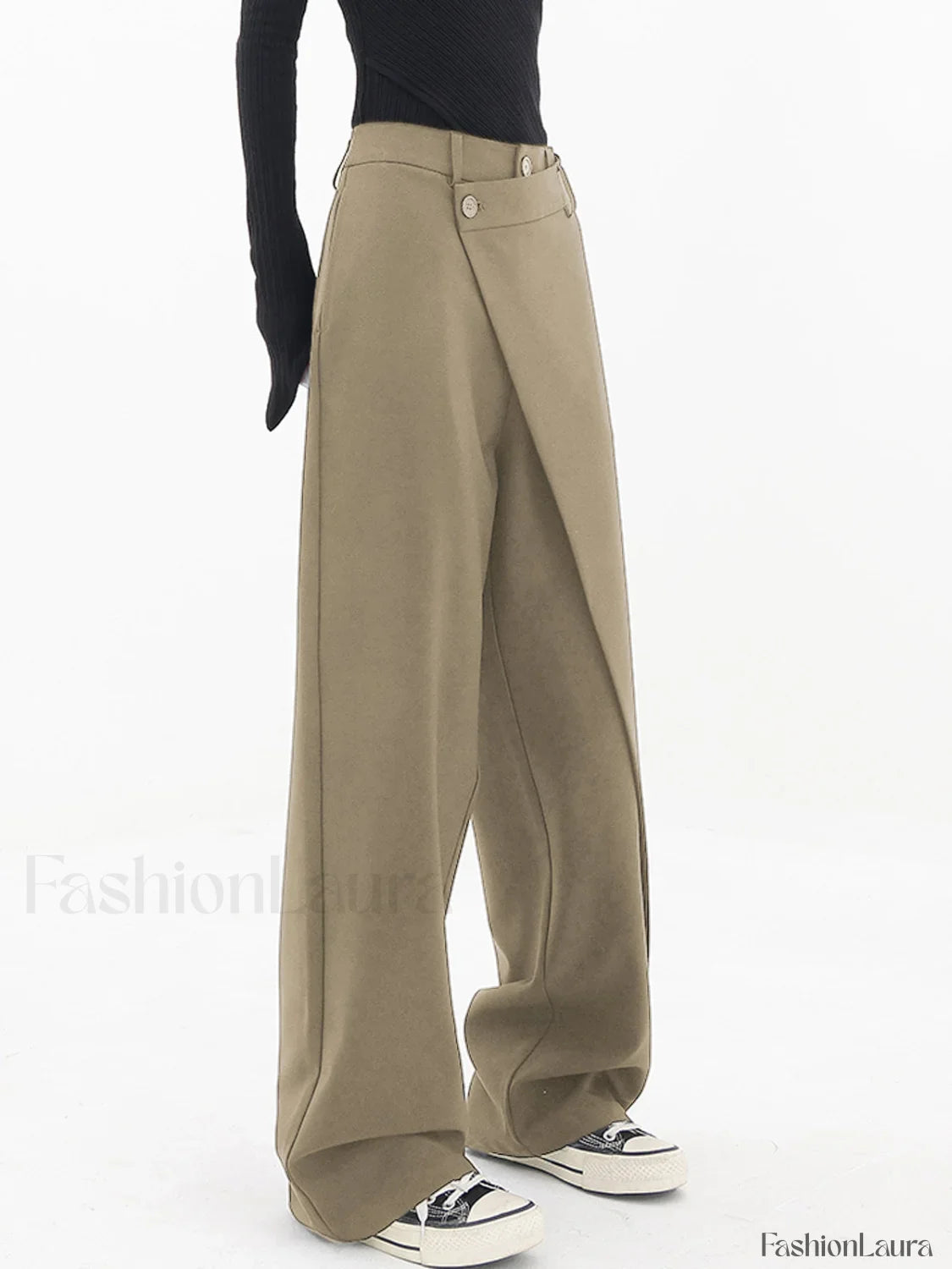 Asymmetrical Layer Button Trendy Wide Leg Dress Pants