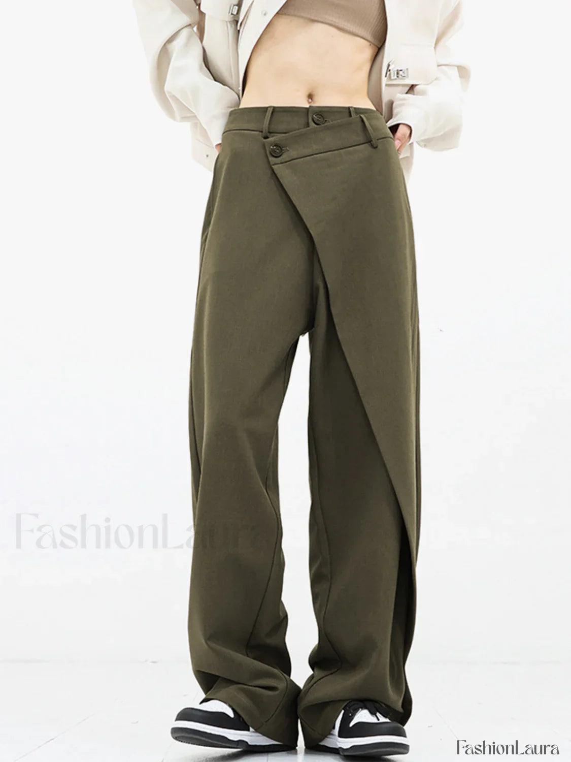 Asymmetrical Layer Button Trendy Wide Leg Dress Pants