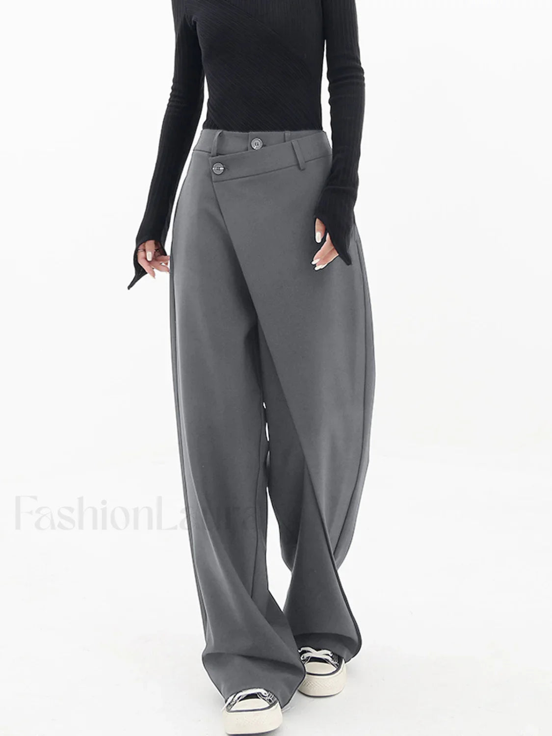 Asymmetrical Layer Button Trendy Wide Leg Dress Pants Grey / XS Pants