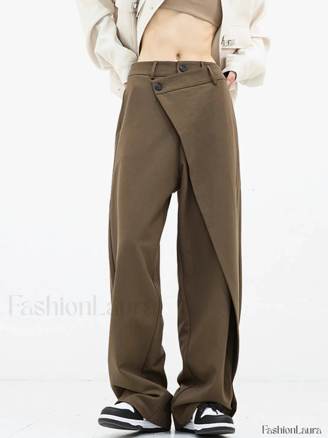 Asymmetrical Layer Button Trendy Wide Leg Dress Pants