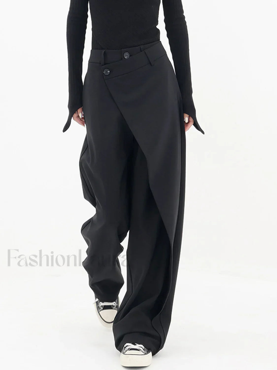 Asymmetrical Layer Button Wide Leg Dress Pants Black / XS Pants