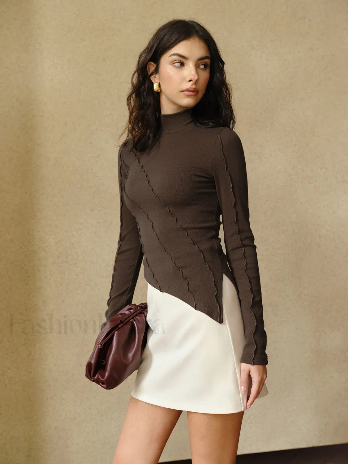 Asymmetrical Lettuce Trim Skinny Top Dark Brown / XS T Shirts