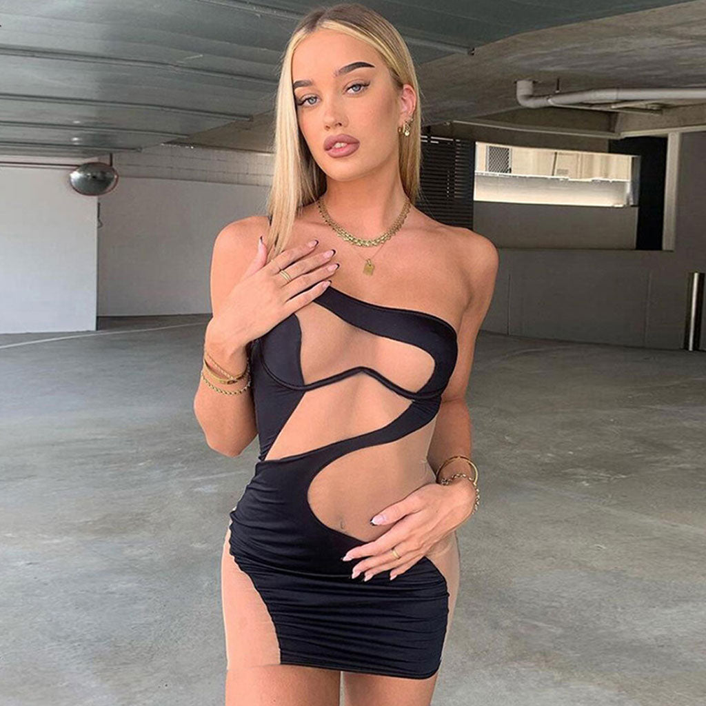 One Shoulder Cut Out Mesh Bodycon Mini Dress