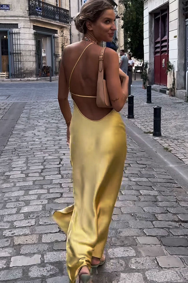 Asymmetrical One Shoulder Backless Midi Dress - Muted Yellow - View 2