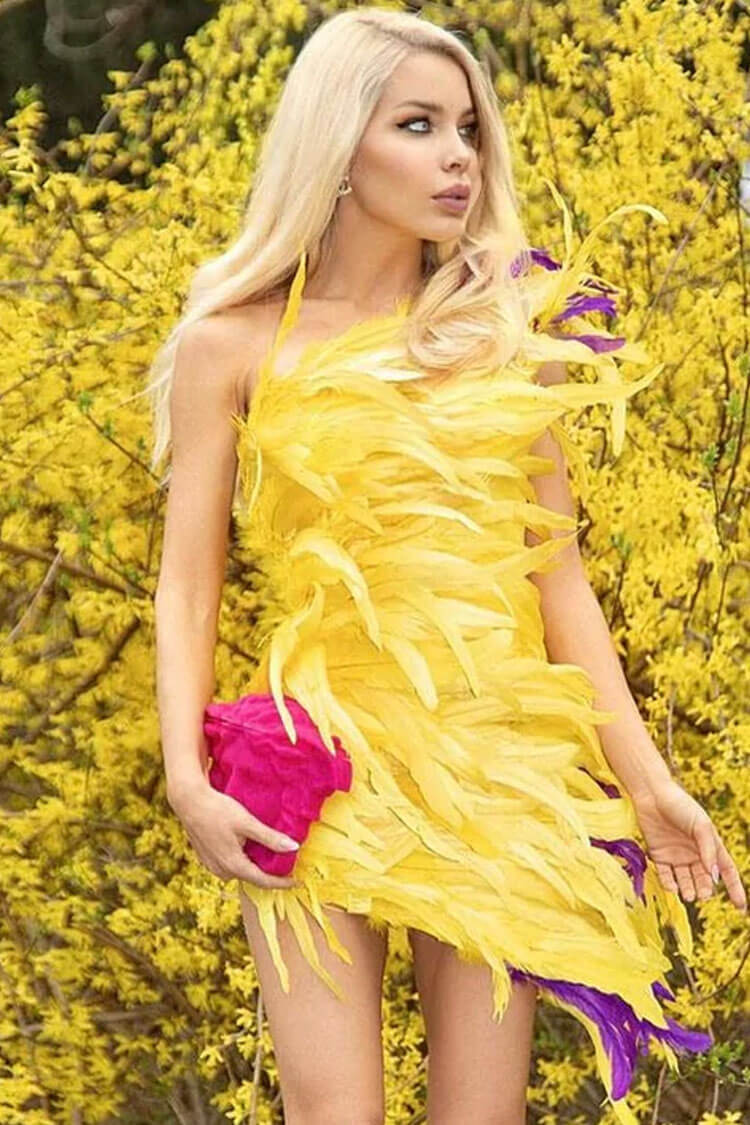 Asymmetrical One Shoulder Bold Feather Trim Mini Dress - Yellow - View 2