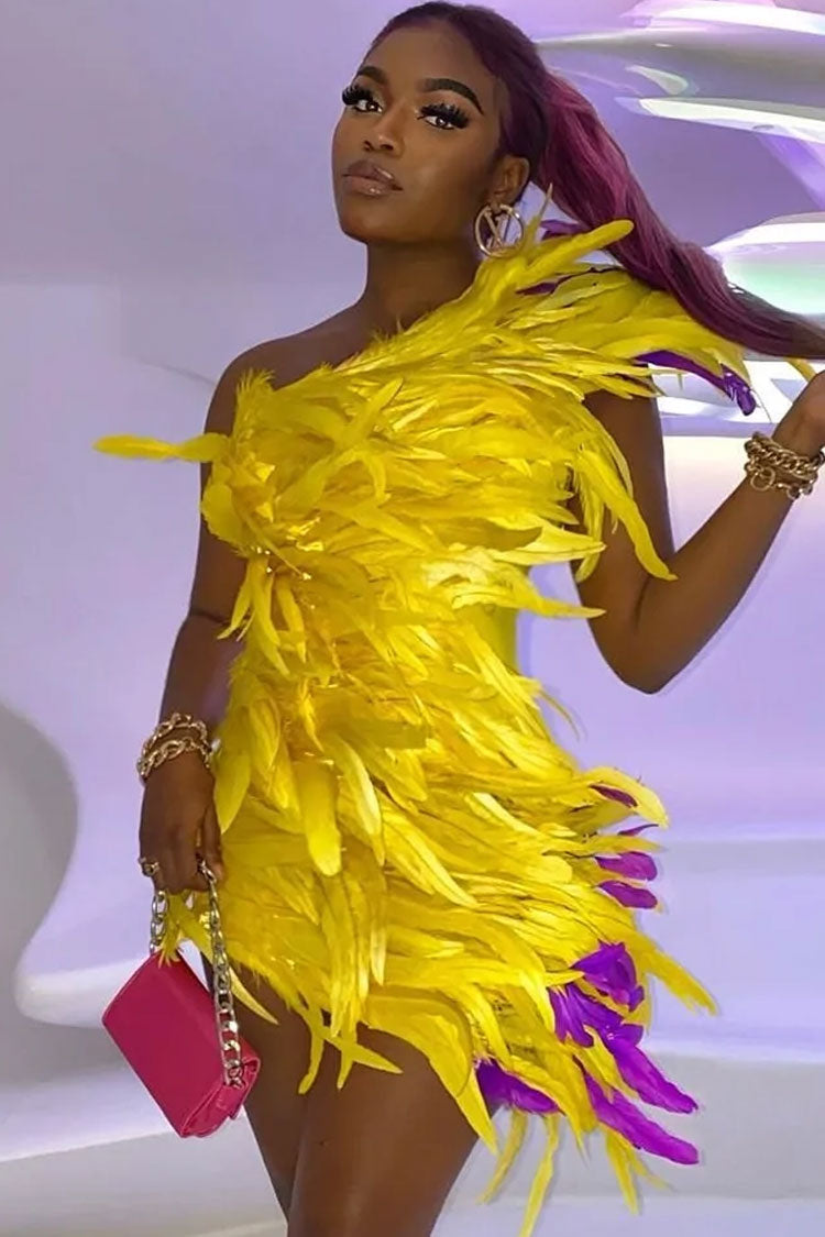 Asymmetrical One Shoulder Bold Feather Trim Mini Dress - Yellow - View 3