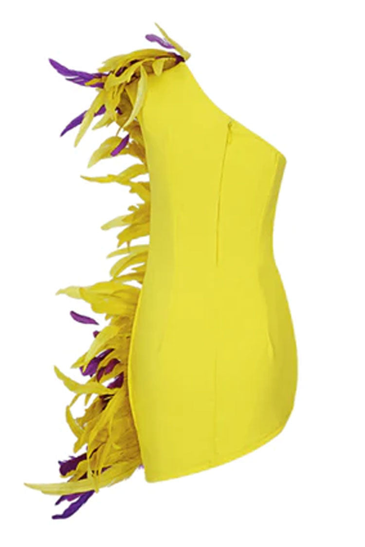Asymmetrical One Shoulder Bold Feather Trim Mini Dress - Yellow - View 4
