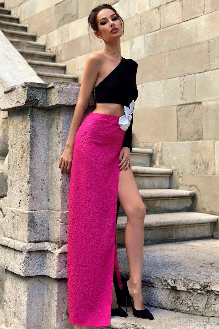 One Shoulder Long Sleeve Flower Applique High Split Maxi Gown