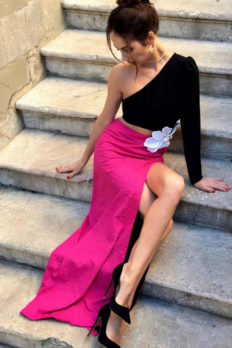 One Shoulder Long Sleeve Flower Applique High Split Maxi Gown