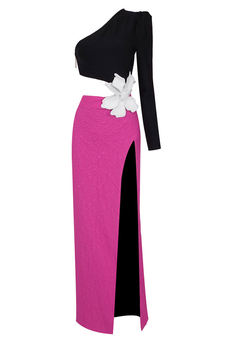 One Shoulder Long Sleeve Flower Applique High Split Maxi Gown