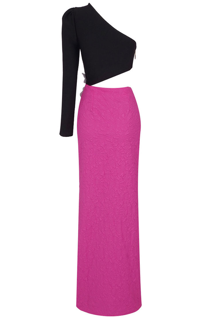 One Shoulder Long Sleeve Flower Applique High Split Maxi Gown