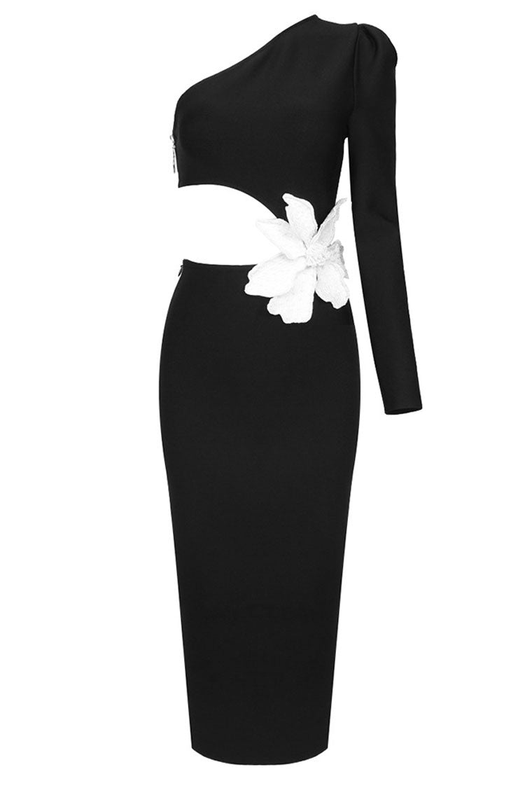 One Shoulder Long Sleeve Floral Applique Cut Out Bodycon Midi Dress