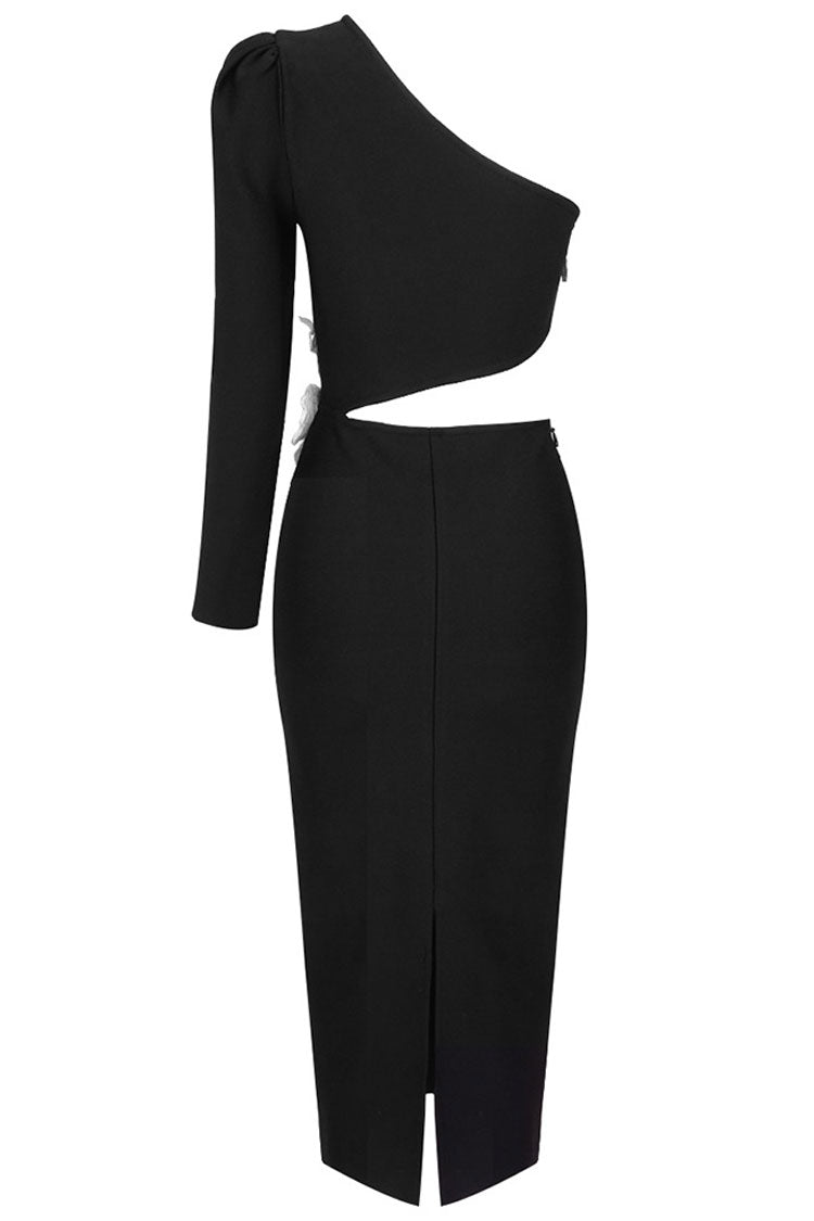One Shoulder Long Sleeve Floral Applique Cut Out Bodycon Midi Dress