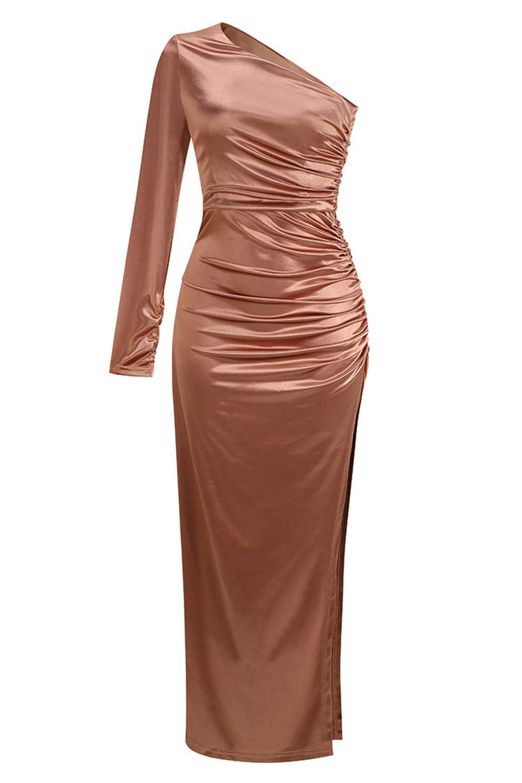 Satin One Shoulder Long Sleeve Ruched High Split Maxi Dress