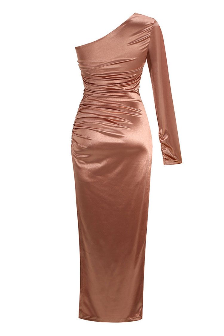Satin One Shoulder Long Sleeve Ruched High Split Maxi Dress