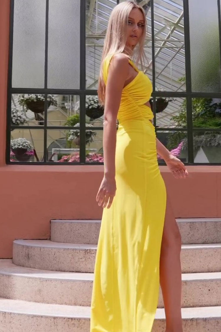 One Shoulder Twist Cut Out Ruched High Split Bodycon Maxi Dress