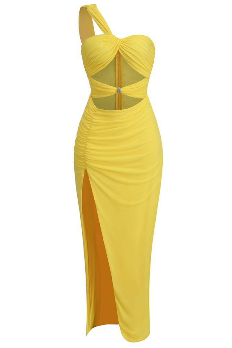 One Shoulder Twist Cut Out Ruched High Split Bodycon Maxi Dress