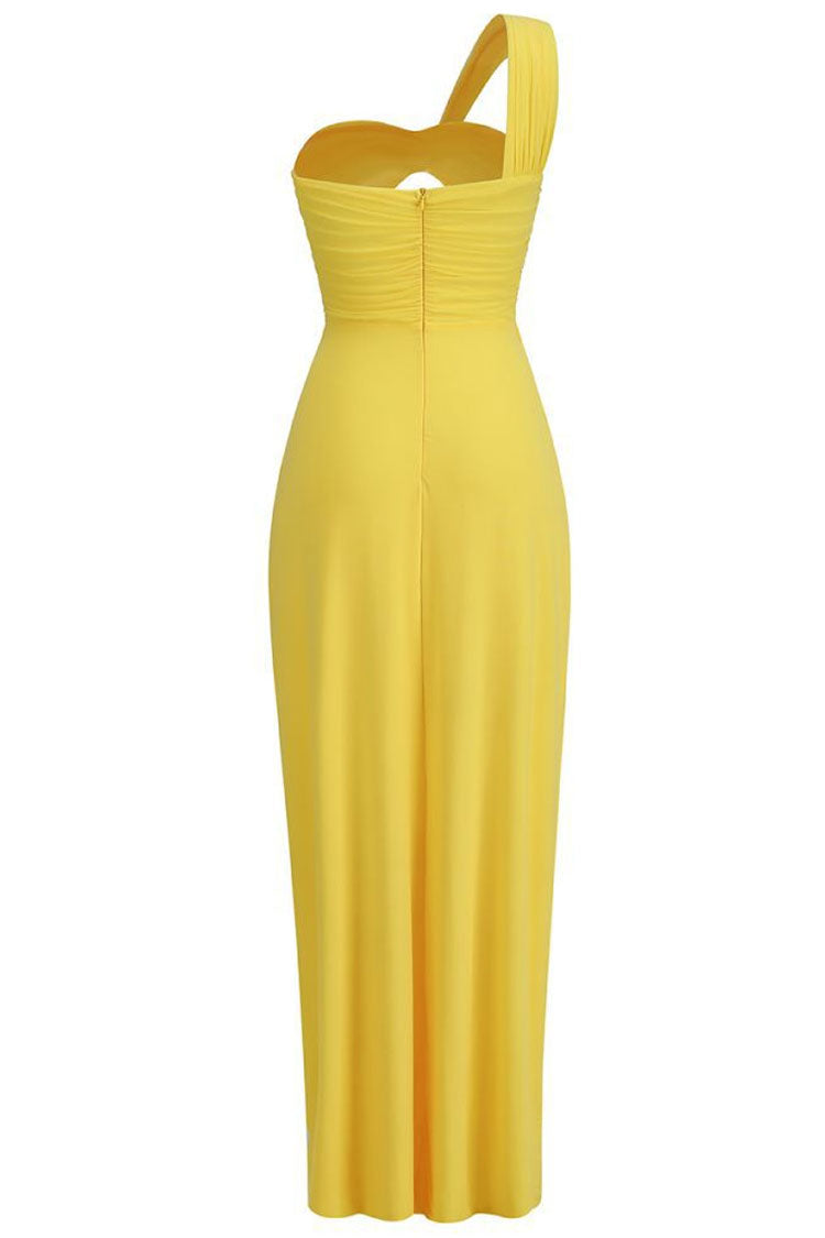 One Shoulder Twist Cut Out Ruched High Split Bodycon Maxi Dress