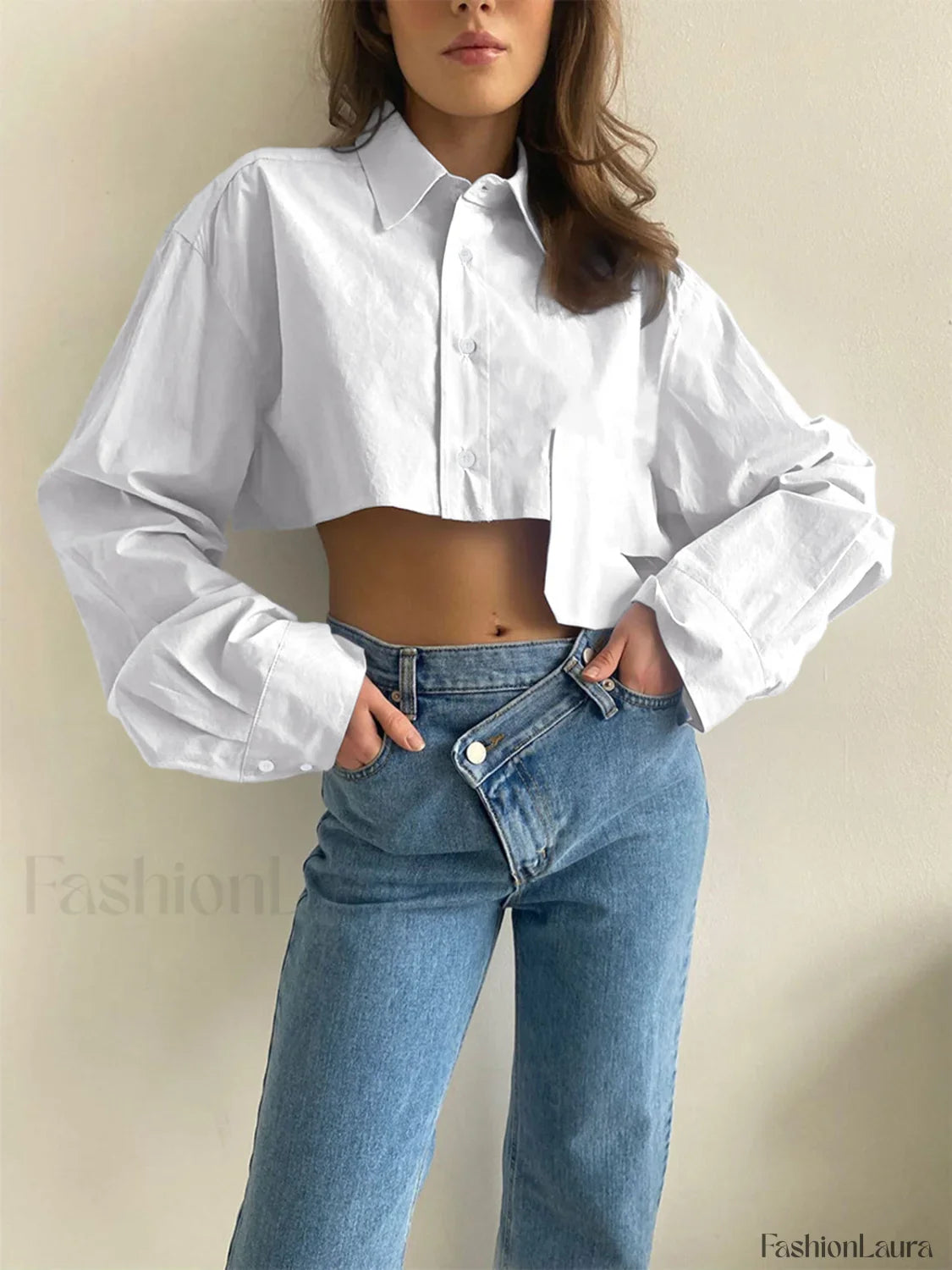 Asymmetrical Pocket Button Trendy Collar Crop Shirt