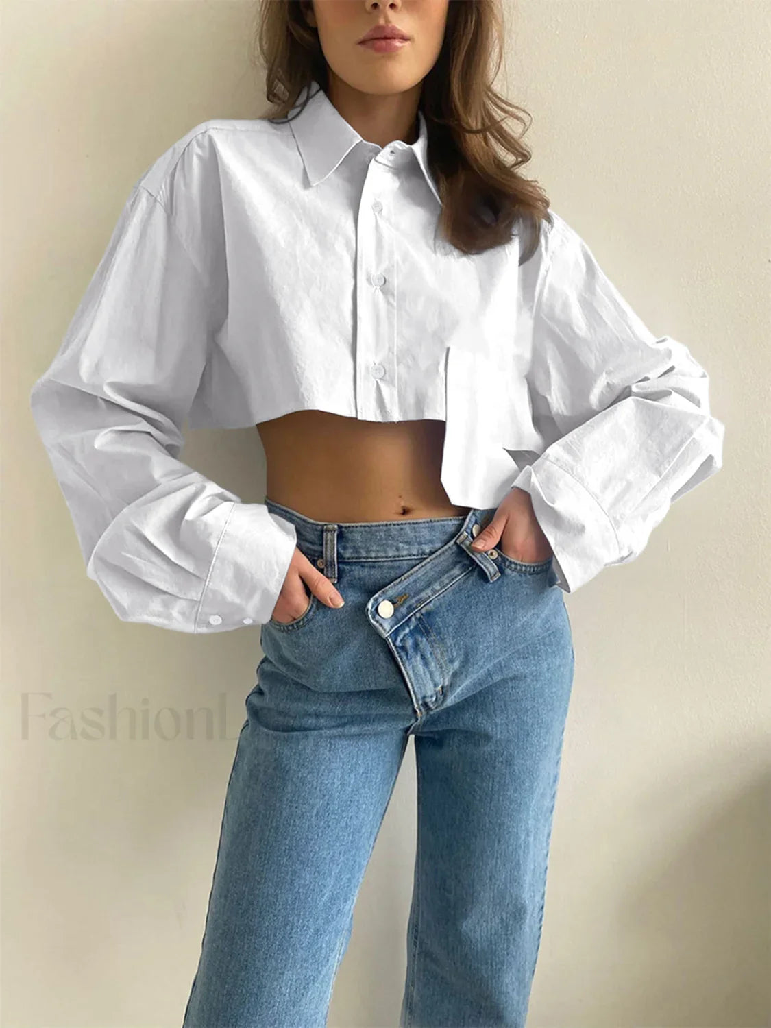 Asymmetrical Pocket Button Trendy Collar Crop Shirt