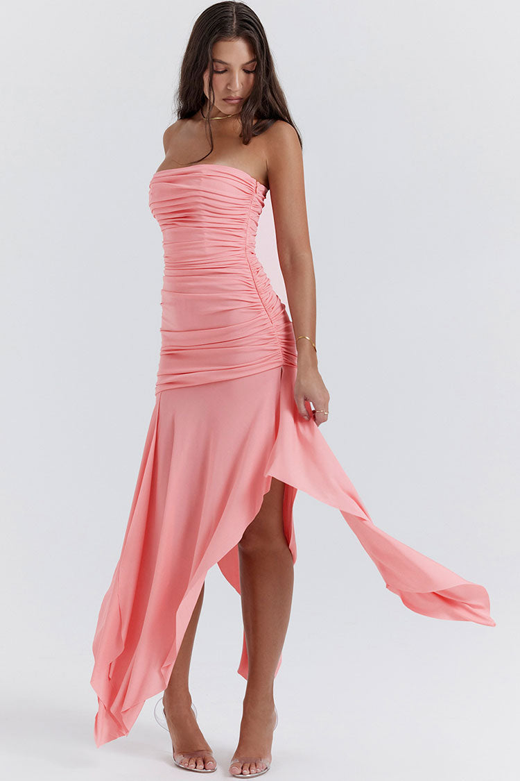 Asymmetrical Ruched Strapless Bodycon Drop Waist High Split Cocktail Dress - Pink 4