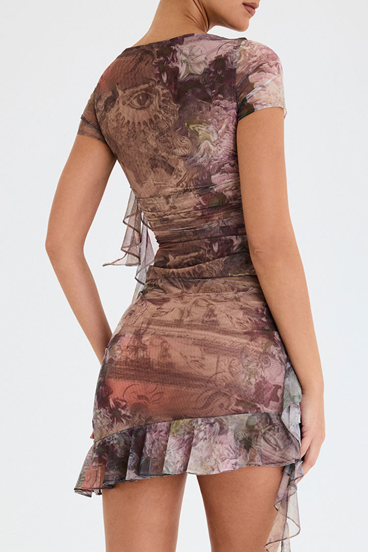 Asymmetric Ruffle Floral Mesh Two Piece Mini Dress