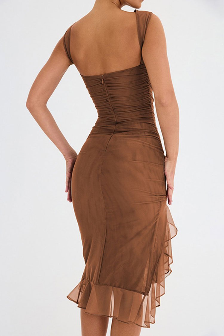 Mesh Round Neck Sleeveless Ruched Ruffle High Low Bodycon Midi Dress