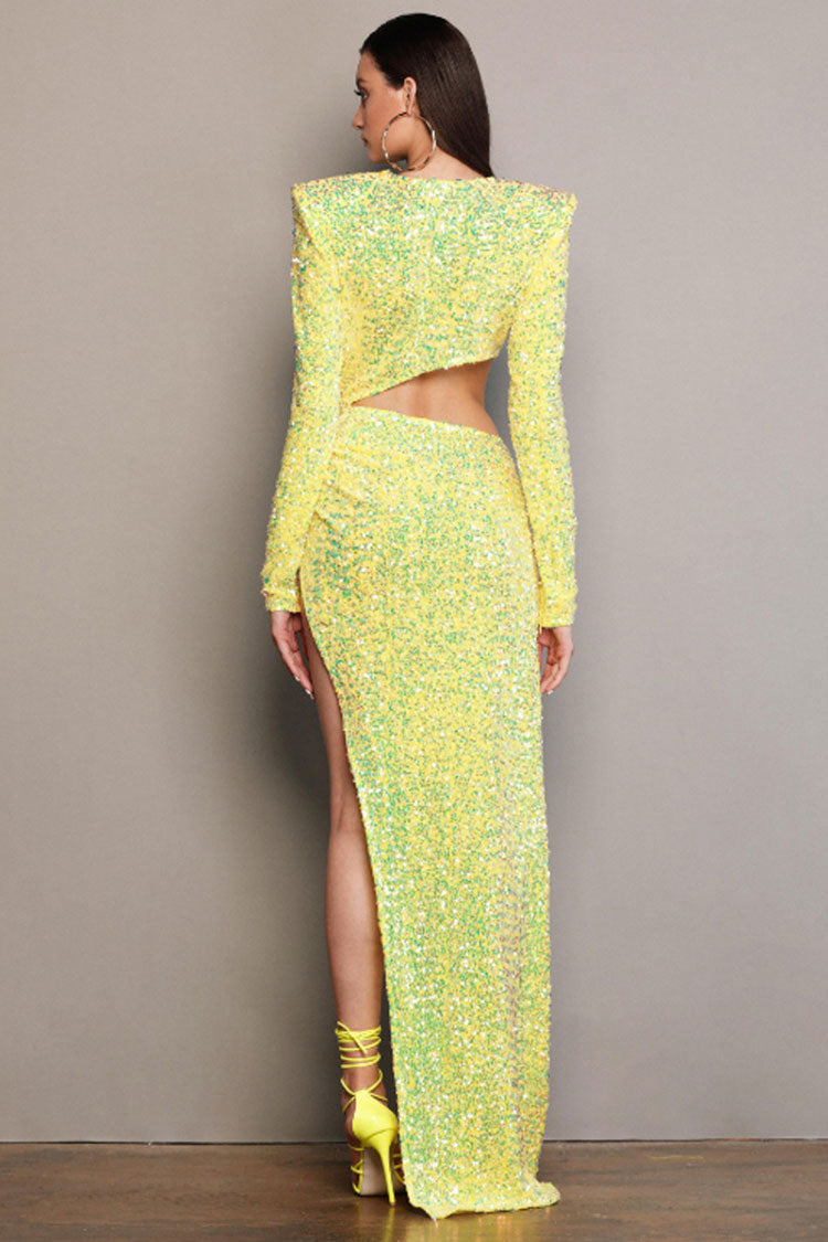 Sequin V-Neck Long Sleeve Asymmetrical Cut Out Bodycon Maxi Dress - View 3