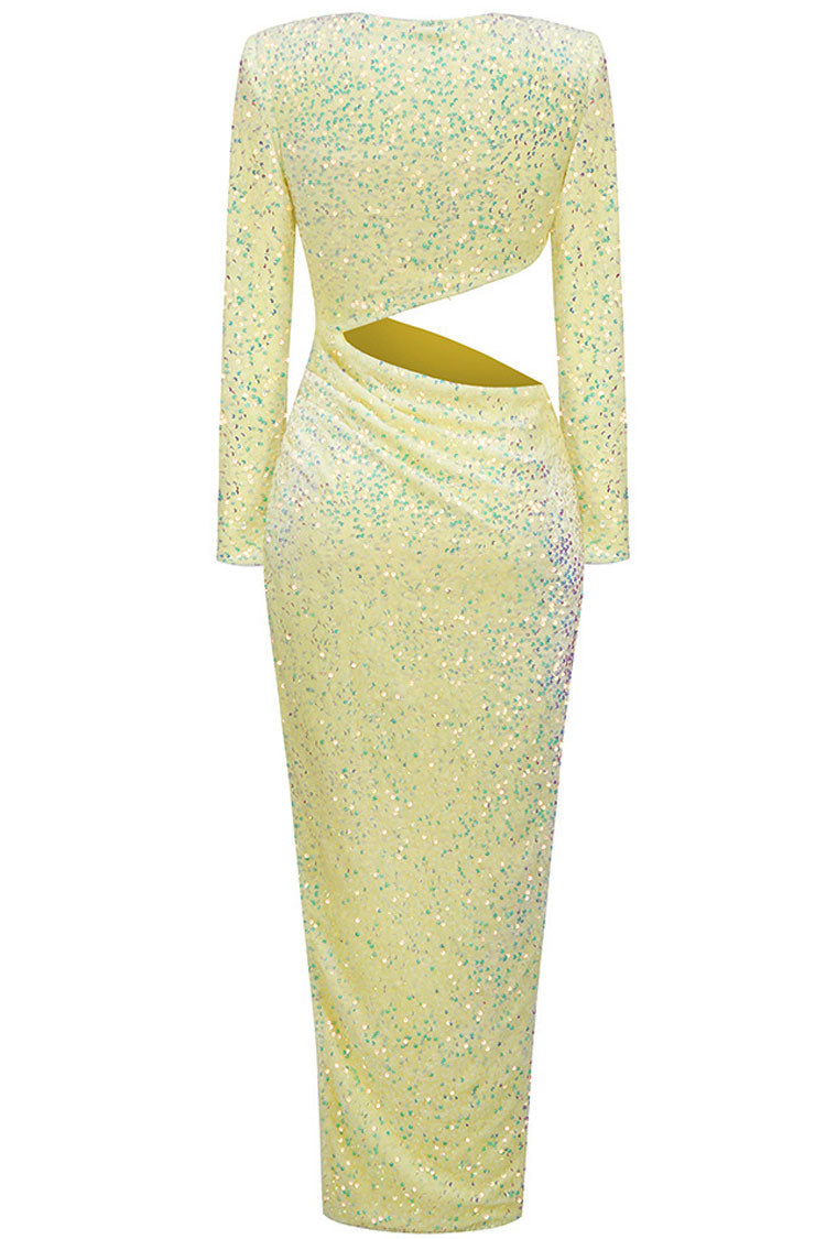 Sequin V-Neck Long Sleeve Asymmetrical Cut Out Bodycon Maxi Dress - View 4