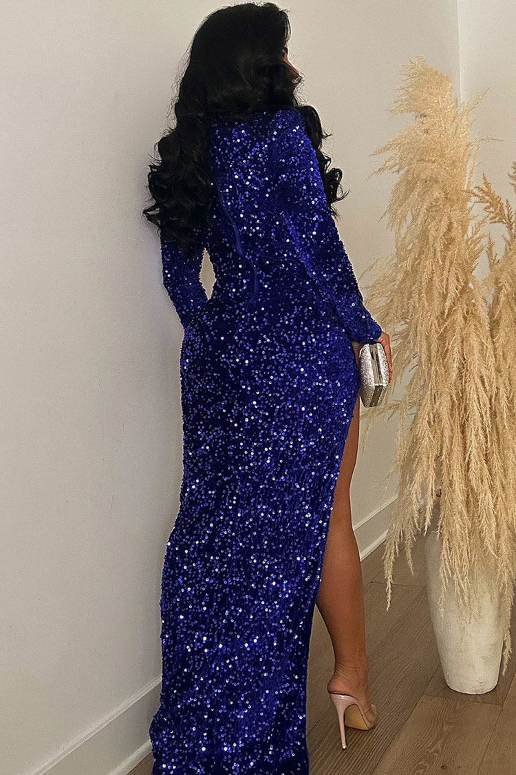 Sequin Long Sleeve Corset Bustier High Split Mermaid Maxi Gown