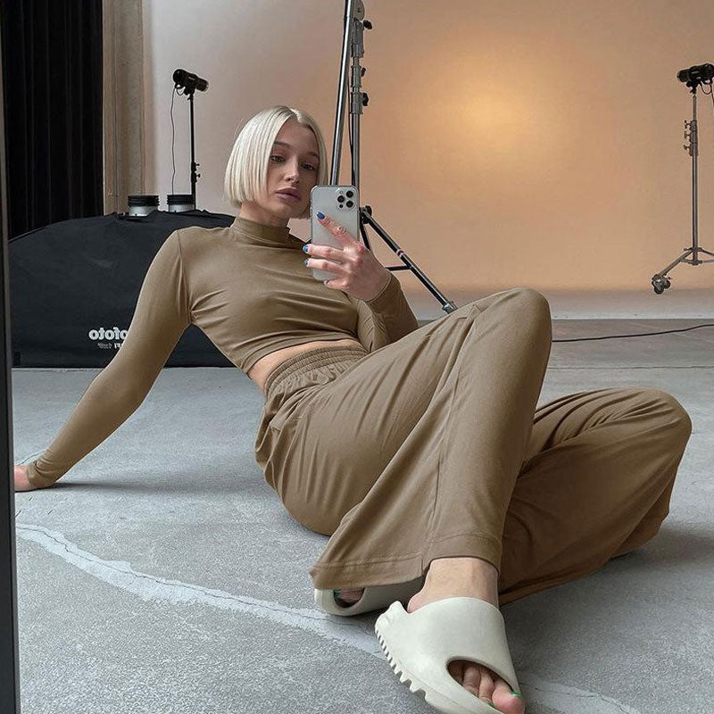 Mock Neck Long Sleeve Crop Top and Wide Leg Pants Two Piece Set 3
