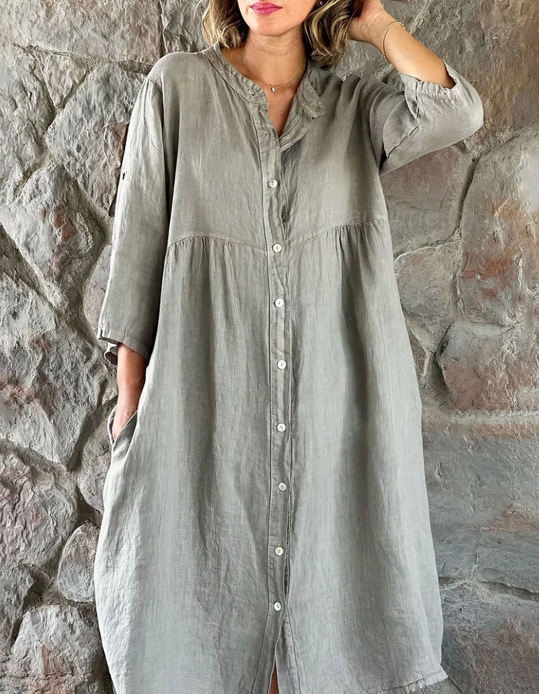 Crinkle Gauze Mandarin Collar Button Front Empire Waist Summer Midi Dress