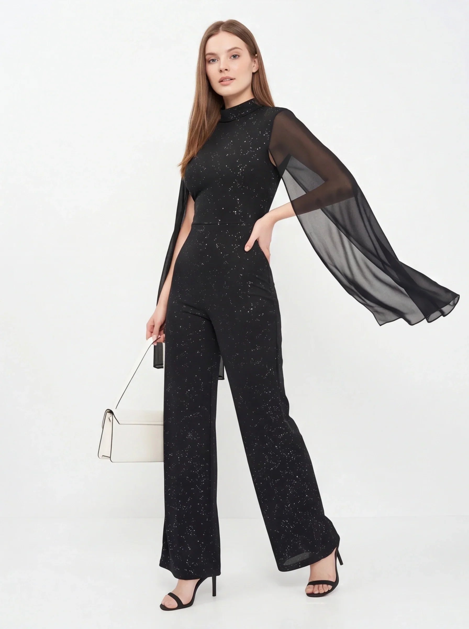 Glitter Chiffon Cape Sleeve Wide Leg Jumpsuit