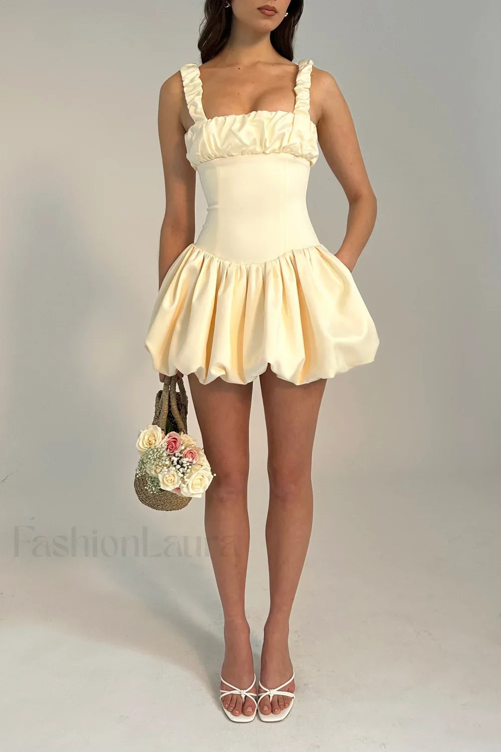 Aubrey Egg White Satin Graceful Bubble Hem Mini Dress