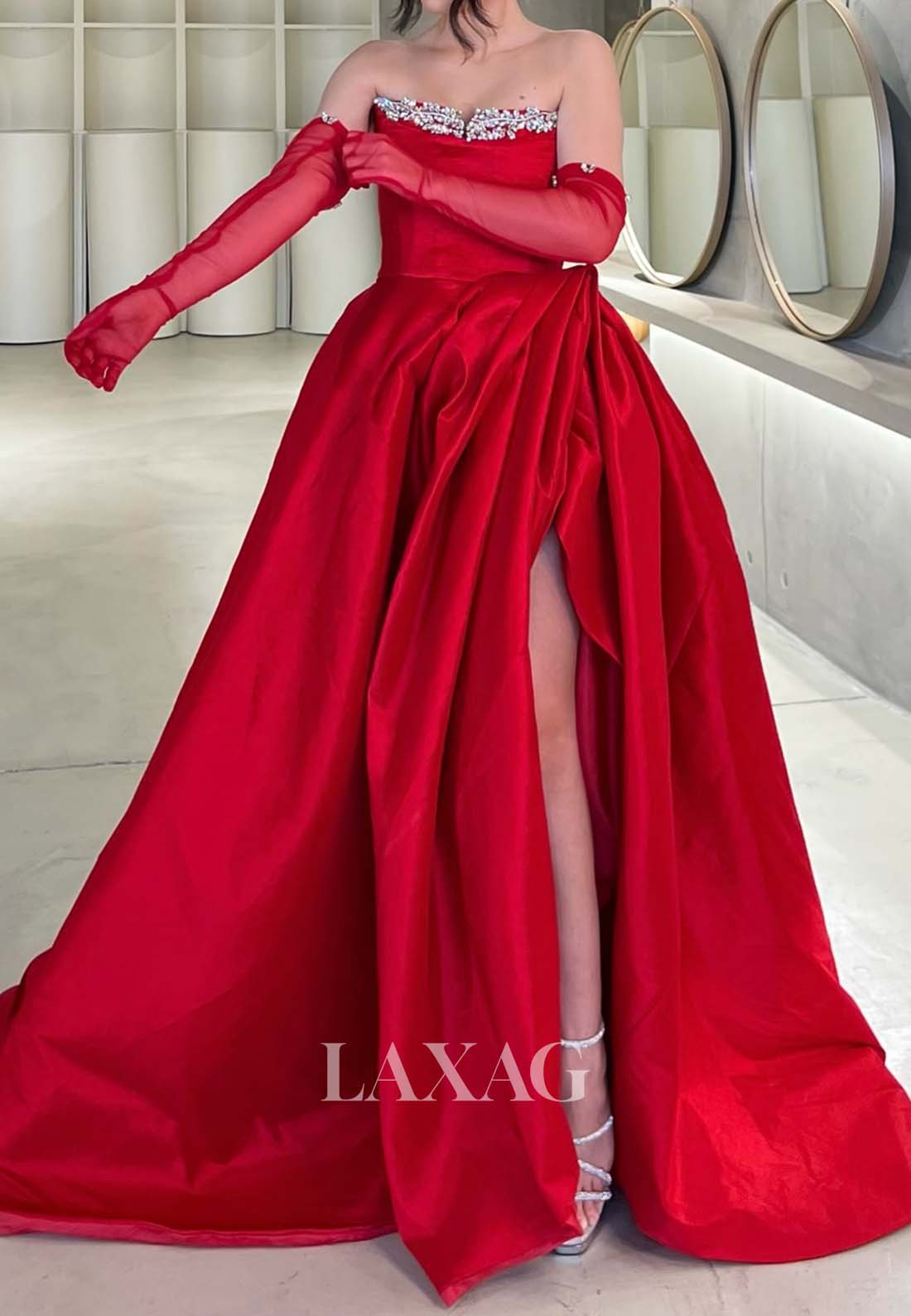 Beaded Tube Top Off-Shoulder Pleated Formal Gowns High Slit A-Line Evening Dress with Gloves