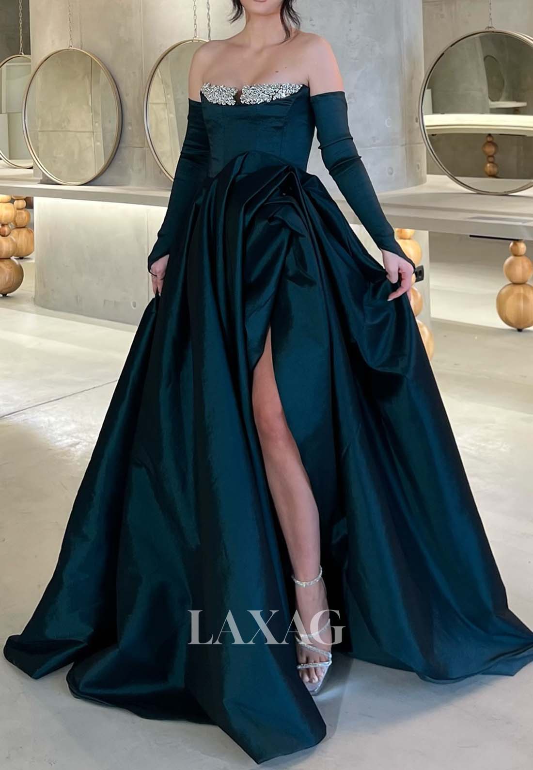Beaded Tube Top Off-Shoulder Pleated Formal Gowns High Slit A-Line Evening Dress with Gloves