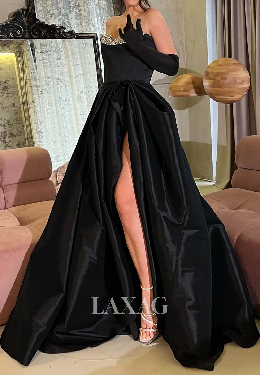 Beaded Tube Top Off-Shoulder Pleated Formal Gowns High Slit A-Line Evening Dress with Gloves