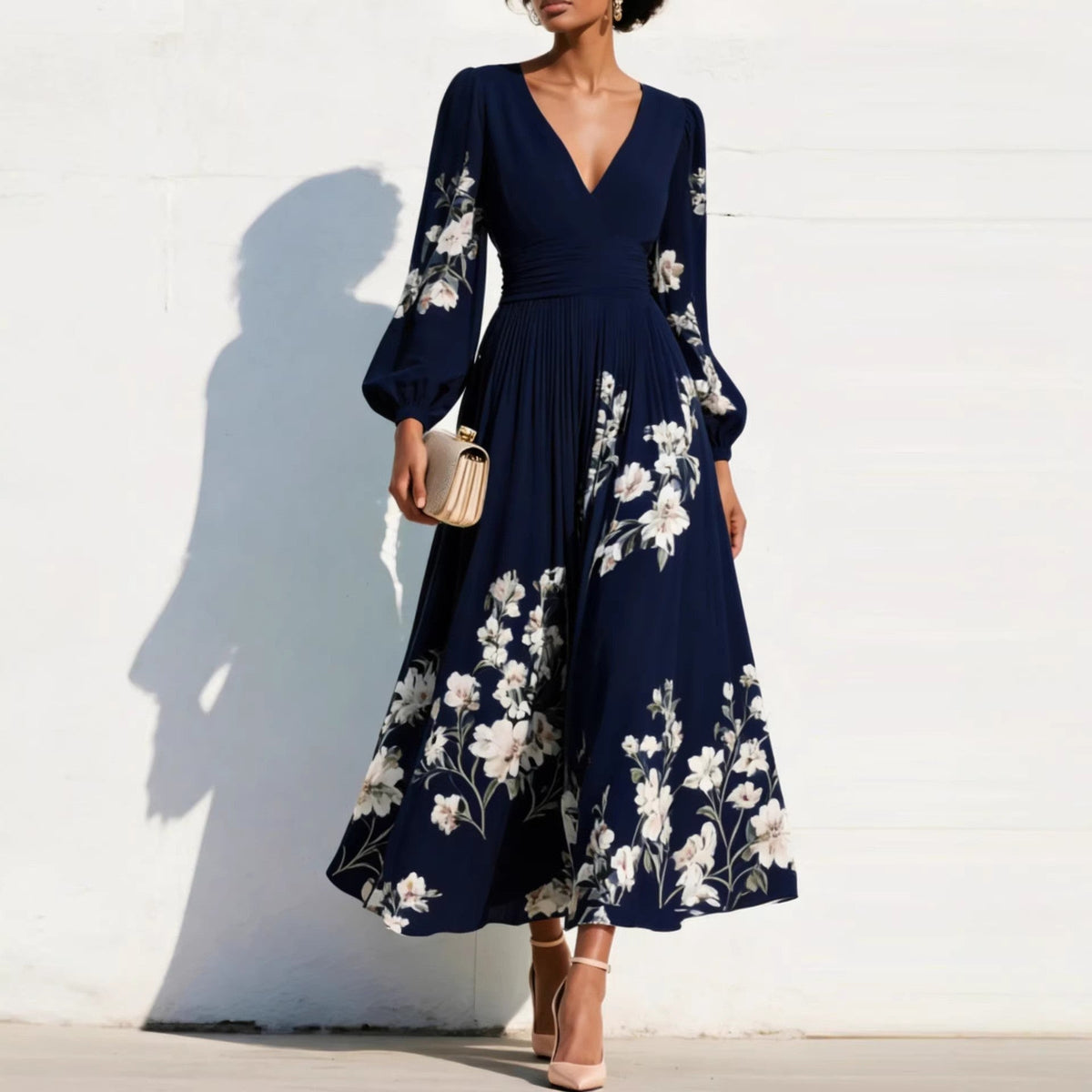 Floral Print Deep V-Neck Long Sleeve Pleated Maxi Dress