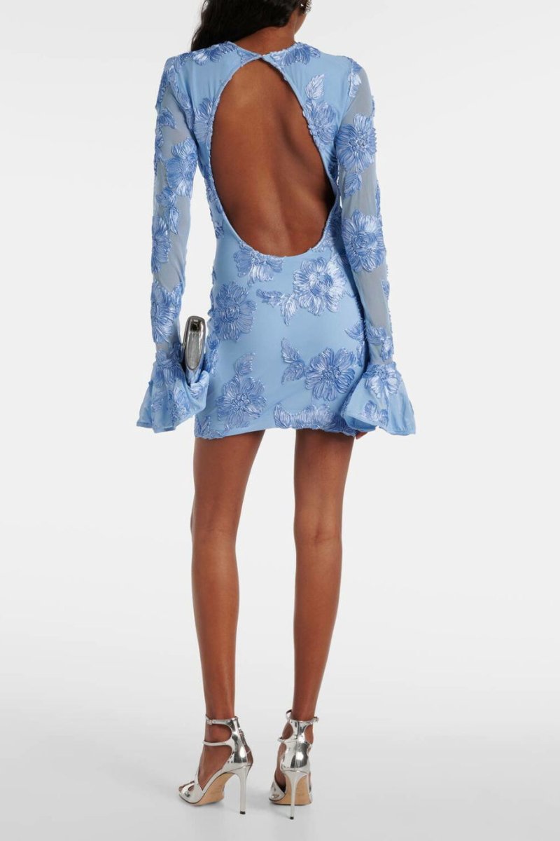 Floral Embroidered Mesh Crew Neck Long Bell Sleeve Dress 6