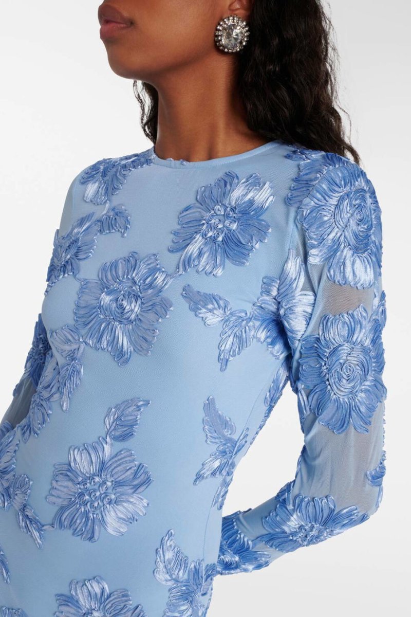 Floral Embroidered Mesh Crew Neck Long Bell Sleeve Dress 7