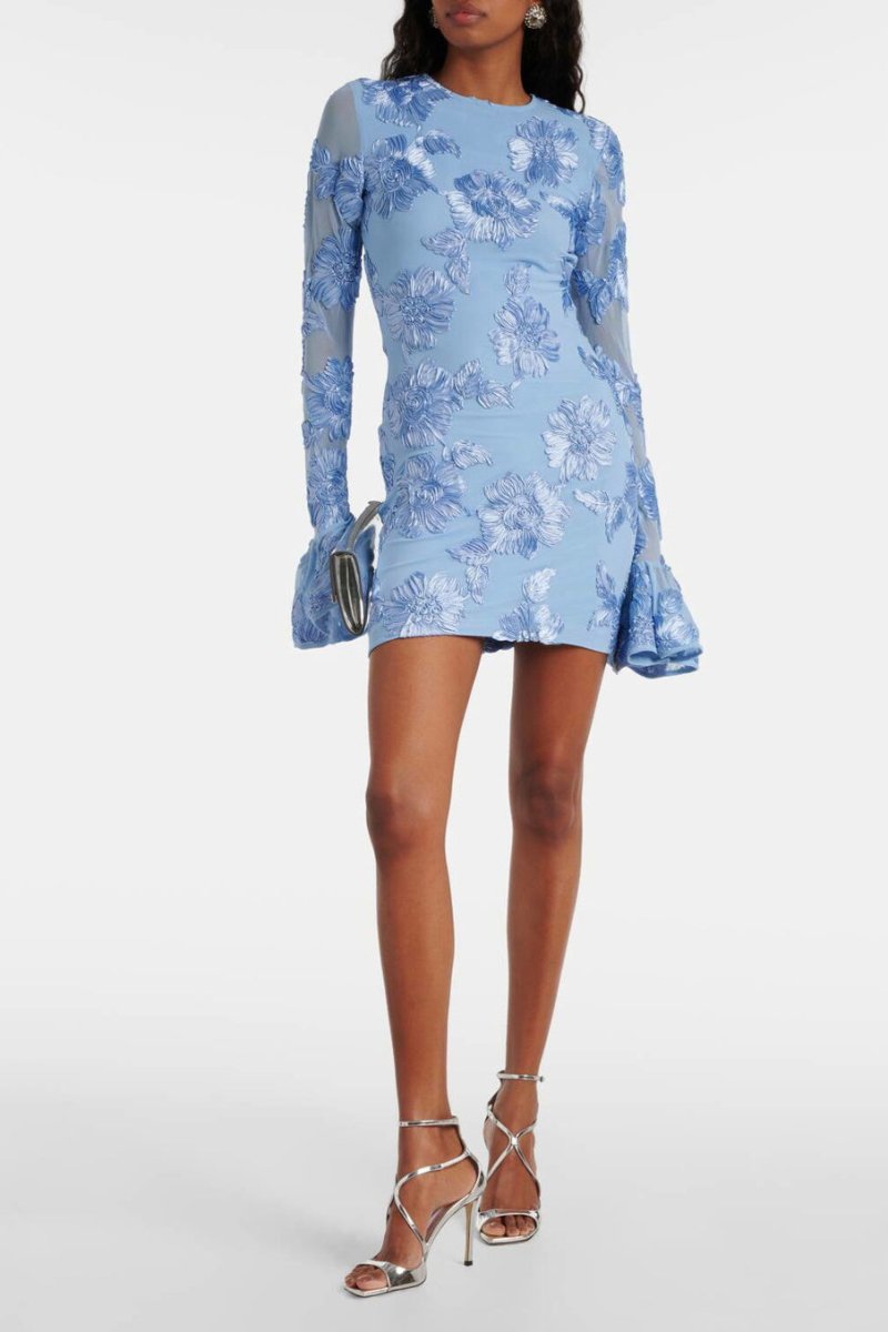 Floral Embroidered Mesh Crew Neck Long Bell Sleeve Dress 10
