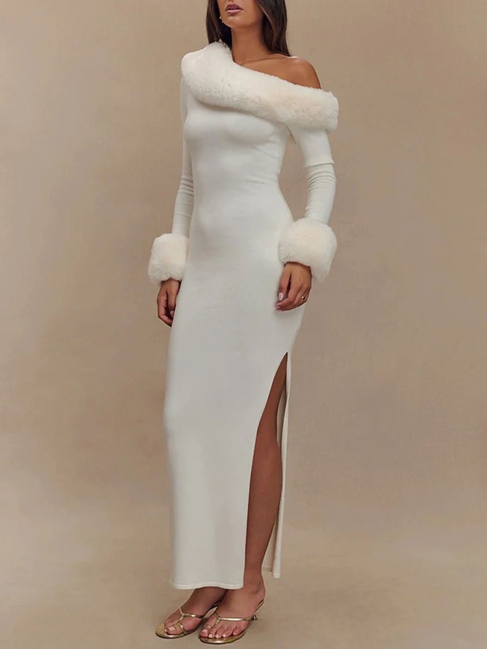 Rib Knit One Shoulder Faux Fur Trim Cuff Bodycon Maxi Gown